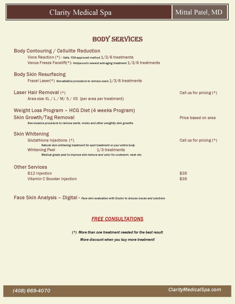Our Services & Prices San Jose Clarity Medical Spa in San Jose